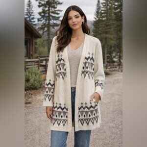 Belladini Cabincore Geometric Knit Open Front Long Cardigan Cream 2X